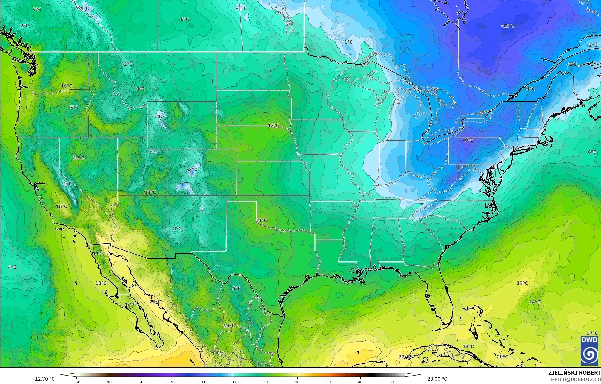 ICON model - United States, Temperature at 850hPa
