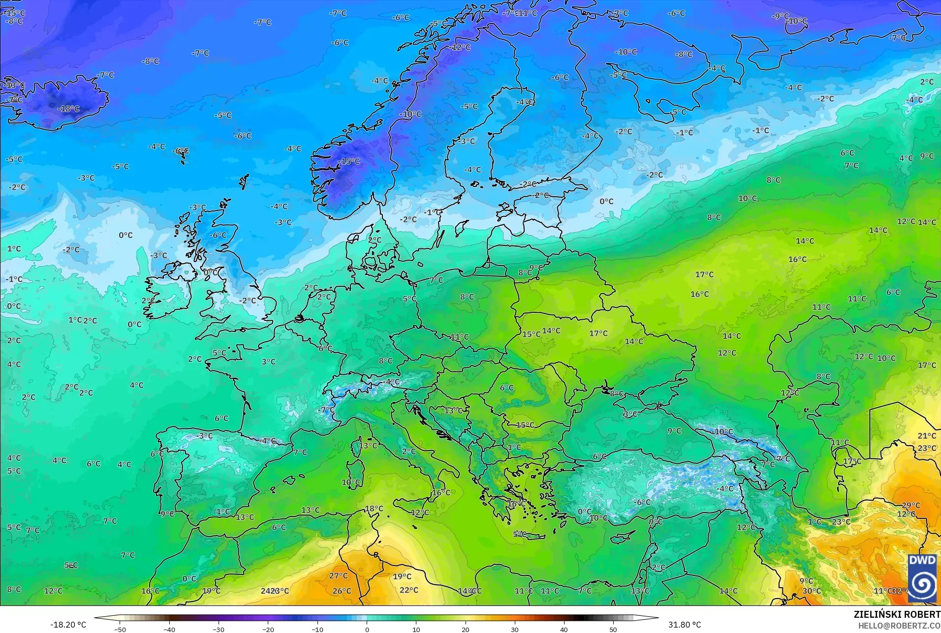 ICON model - Europe, Temperature at 850hPa