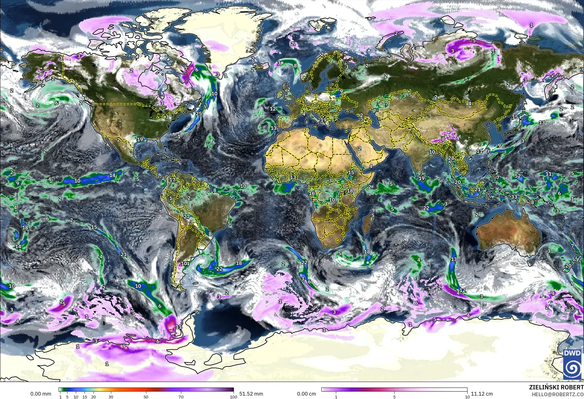 ICON model - World, Precipitation, Clouds, and Pressure