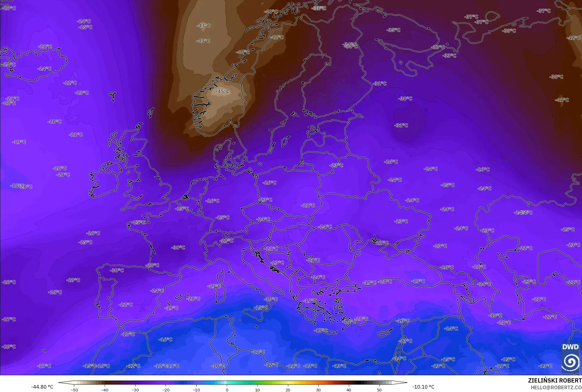 ICON model - Europe, Temperature at 500hPa