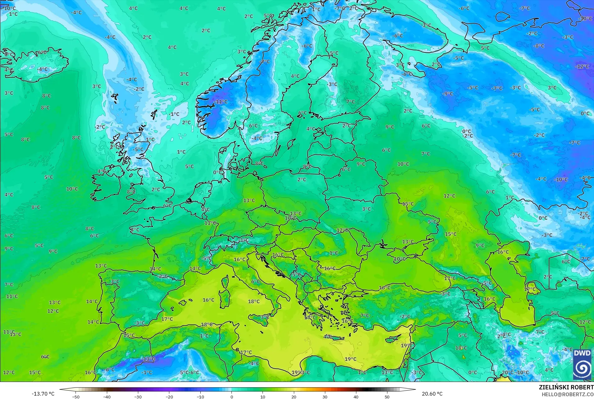 ICON model - Europe, Dewpoint at 2m