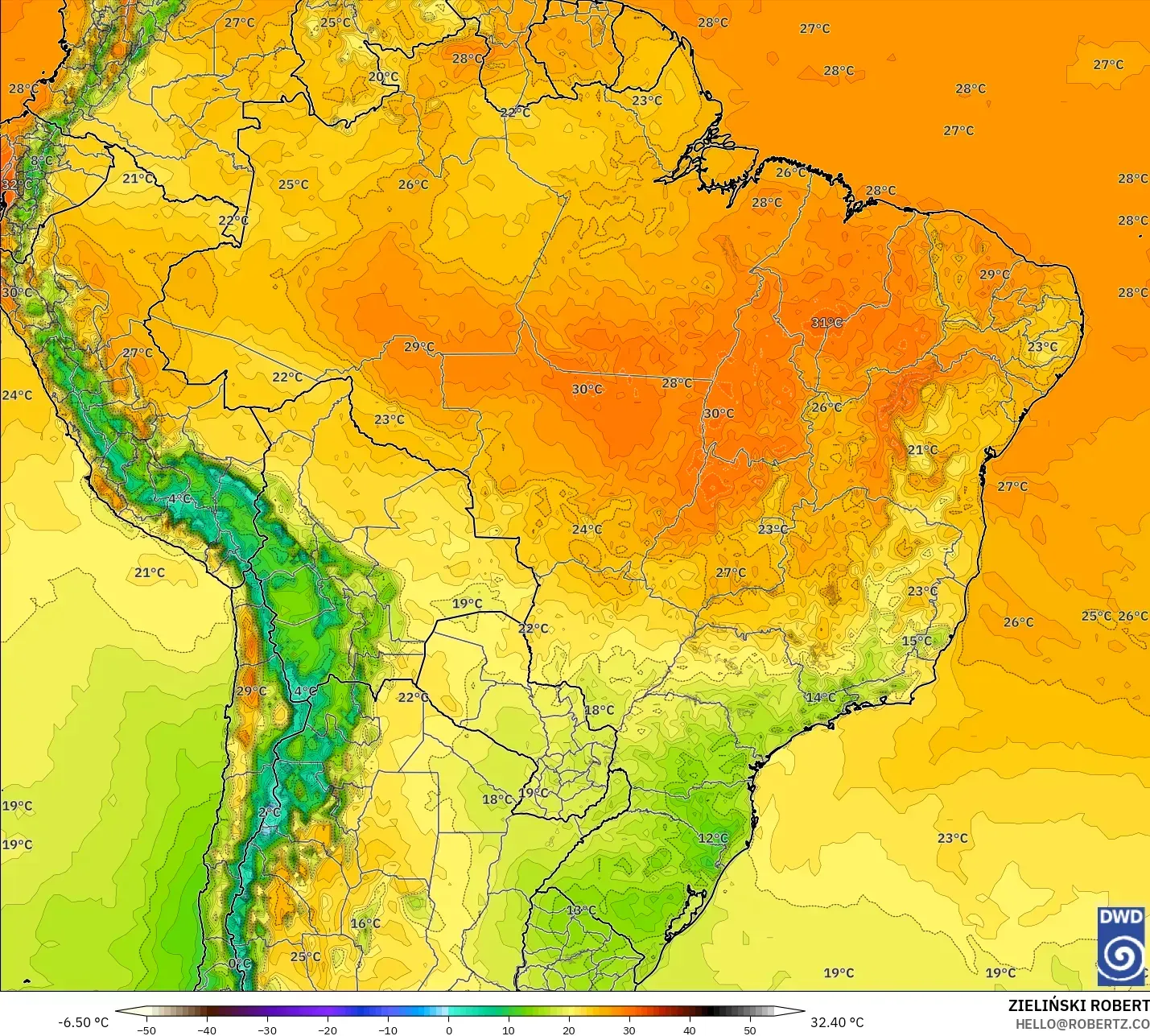 ICON model - Brazil, Temperature at 2m