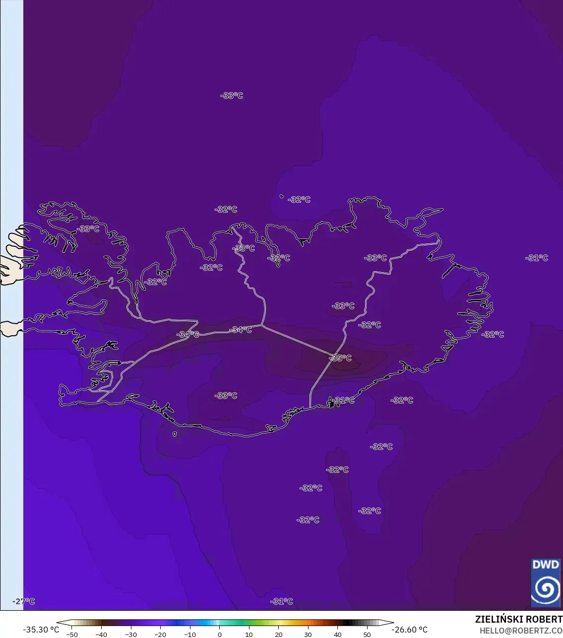ICON model - Iceland, Temperature at 500hPa