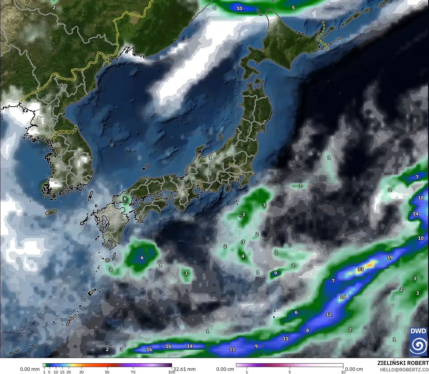 ICON model - Japan, Precipitation, Clouds, and Pressure