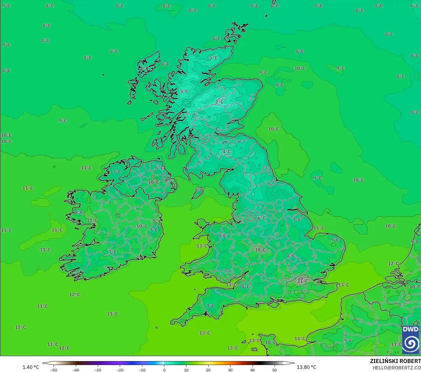 ICON model - United Kingdom, Temperature at 2m