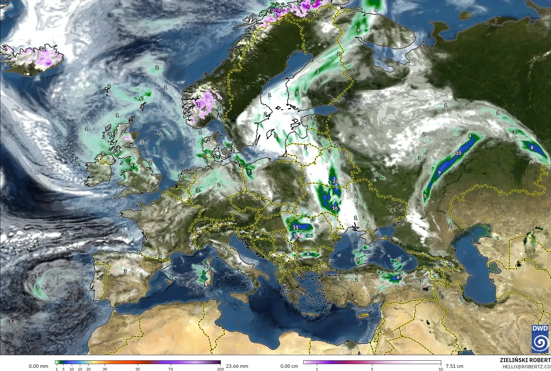 ICON model - Europe, Precipitation, Clouds, and Pressure