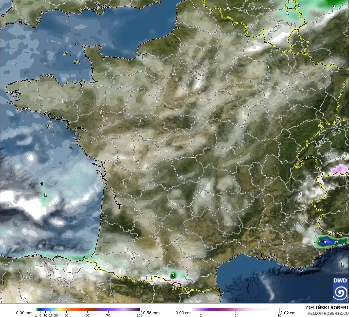 ICON model - France, Precipitation, Clouds, and Pressure