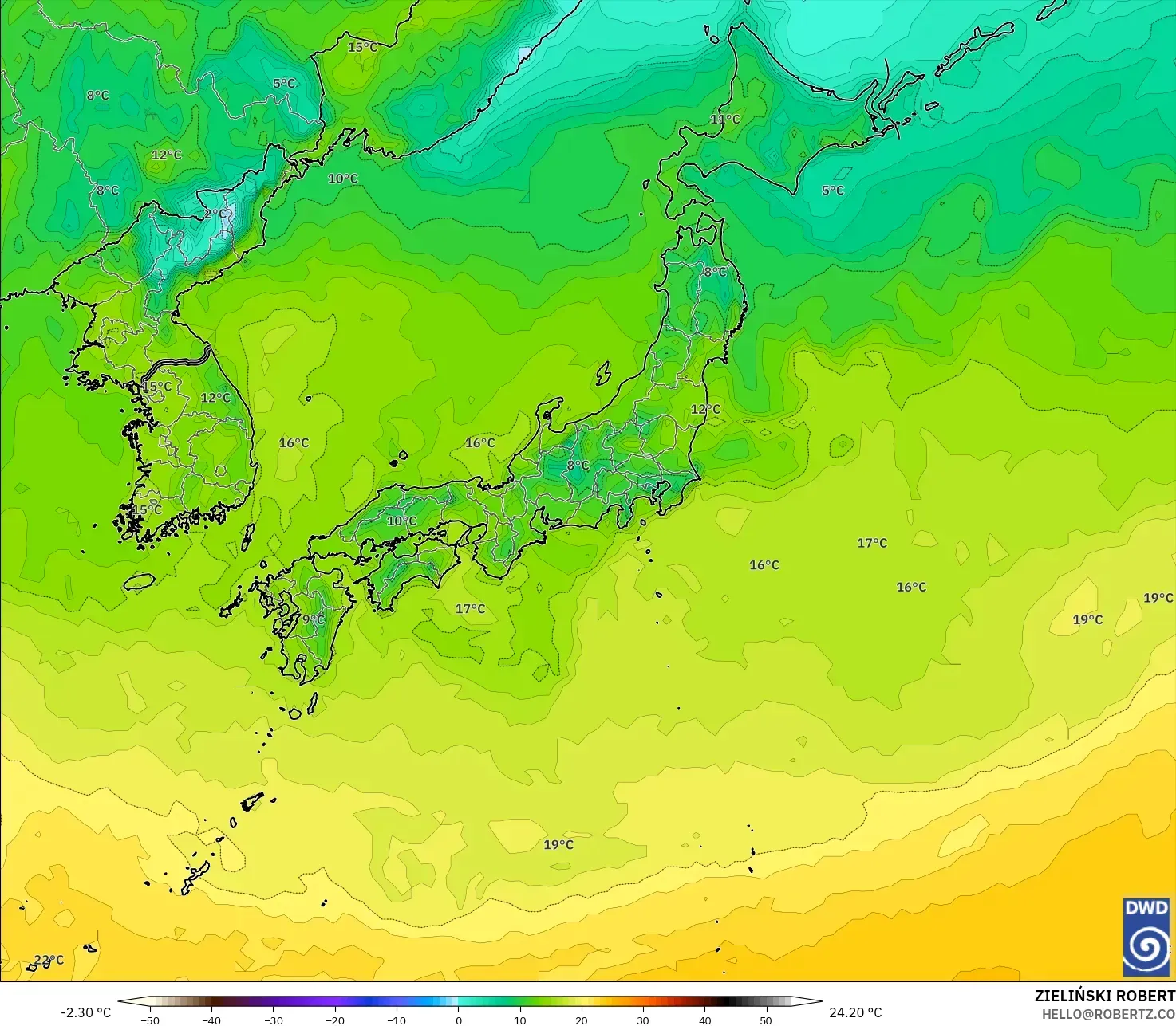 ICON model - Japan, Dewpoint at 2m