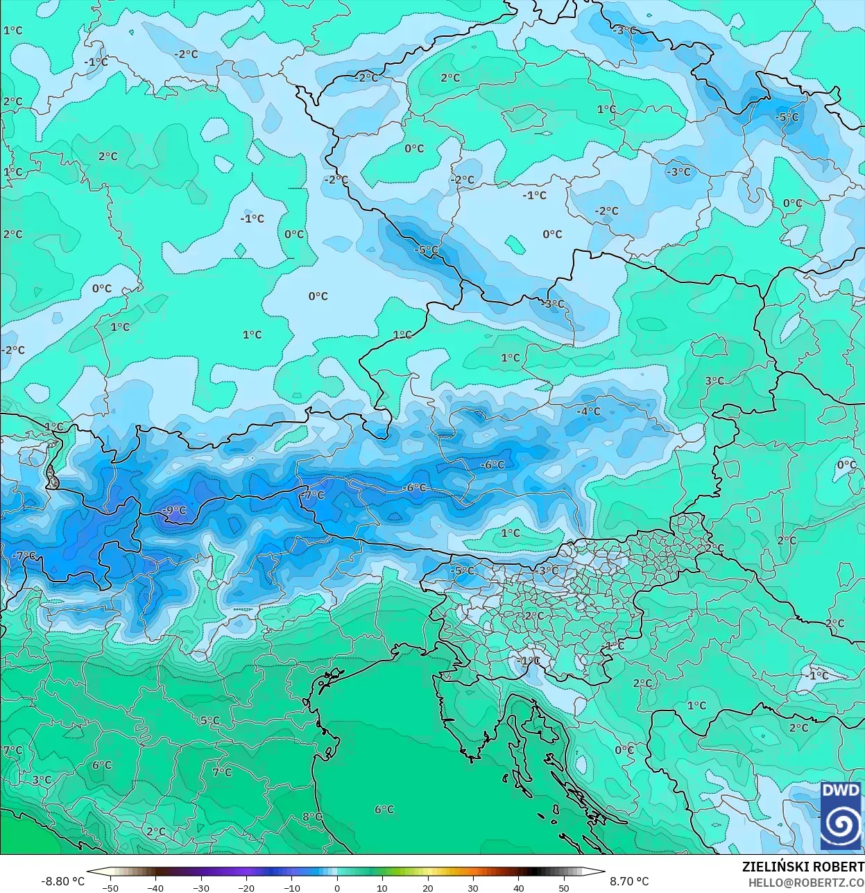 ICON model - Austria, Temperature at 850hPa