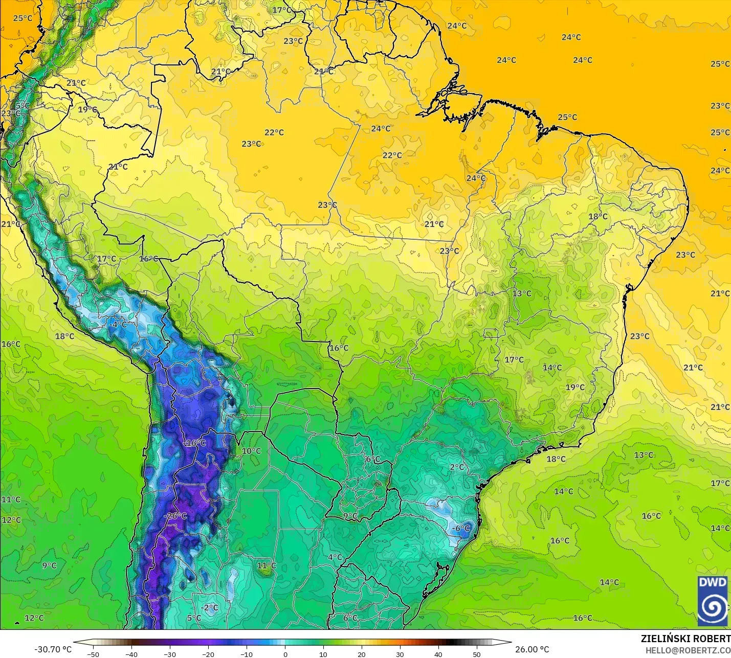 ICON model - Brazil, Dewpoint at 2m