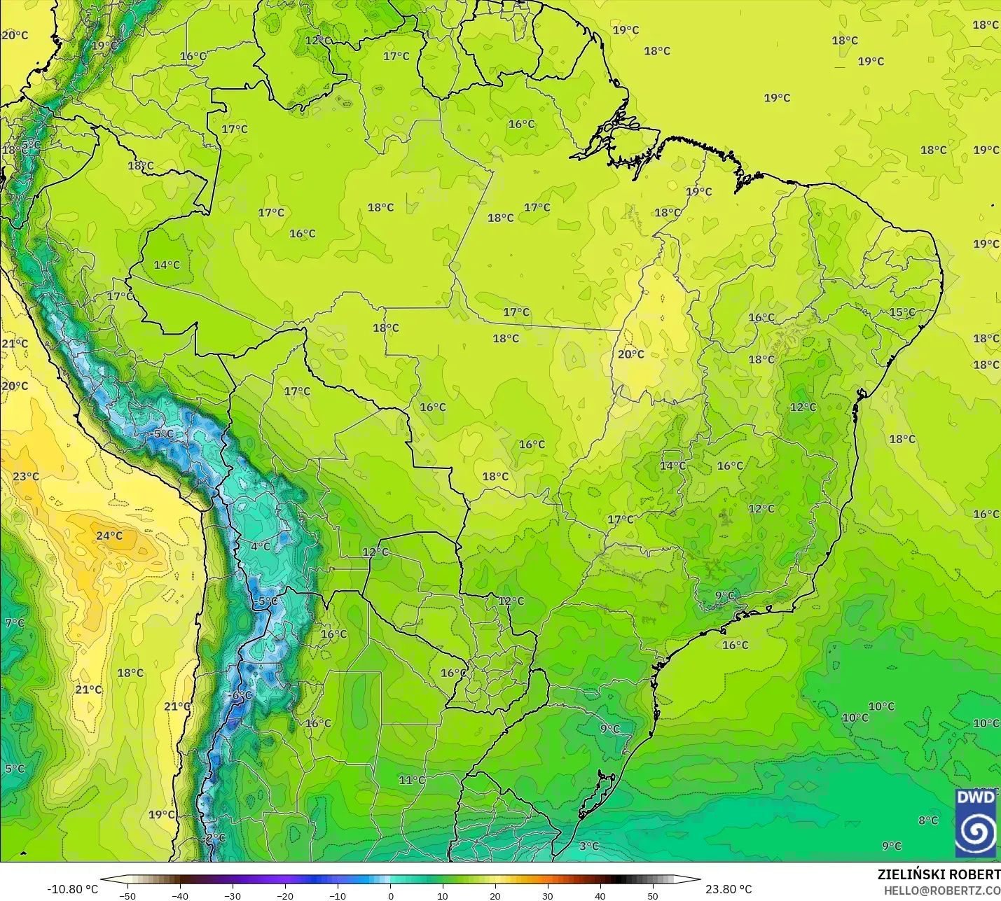 ICON model - Brazil, Temperature at 850hPa