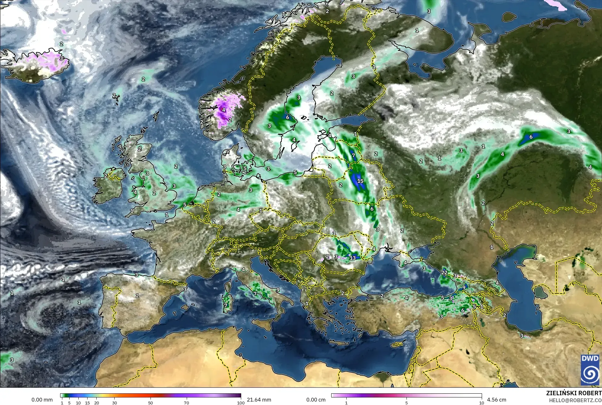 ICON model - Europe, Precipitation, Clouds, and Pressure