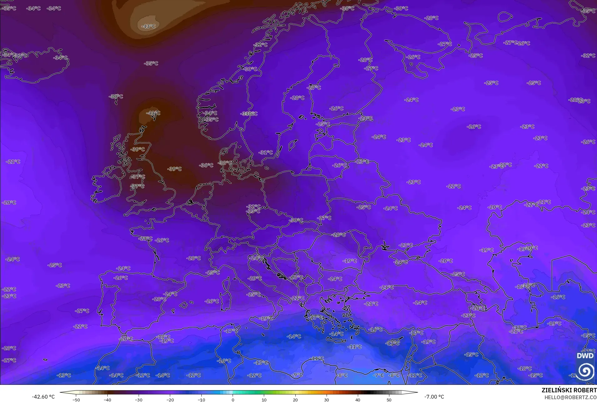 ICON model - Europe, Temperature at 500hPa