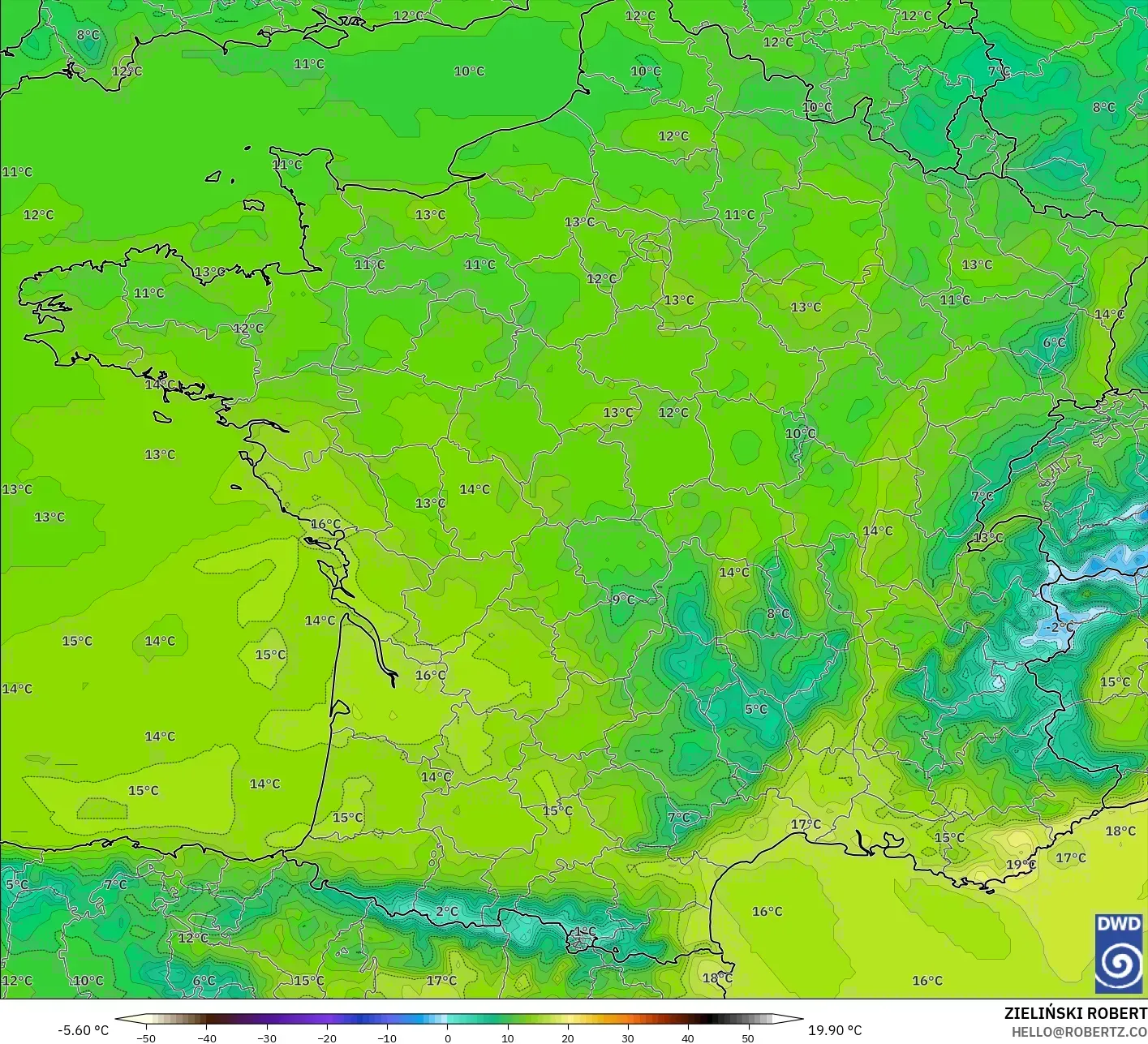 ICON model - France, Temperature at 2m