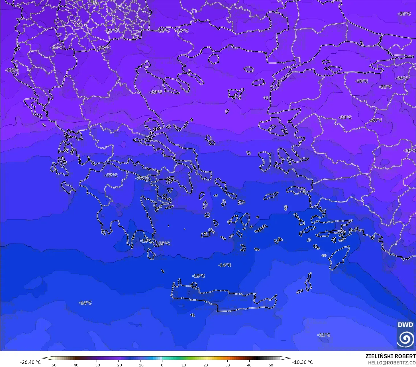 ICON model - Greece, Temperature at 500hPa
