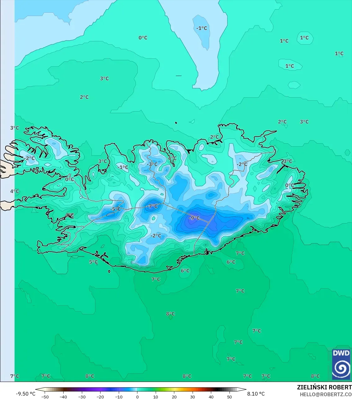 ICON model - Iceland, Temperature at 2m