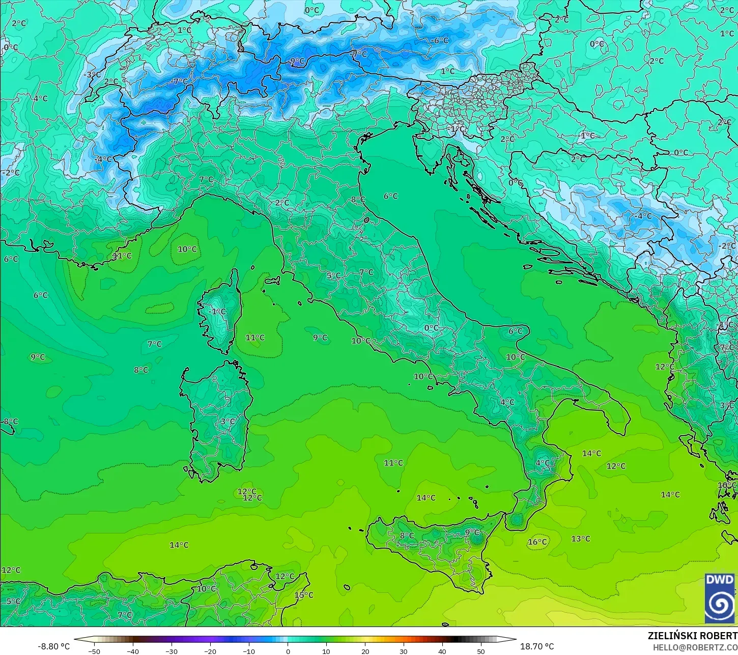 ICON model - Italy, Temperature at 850hPa