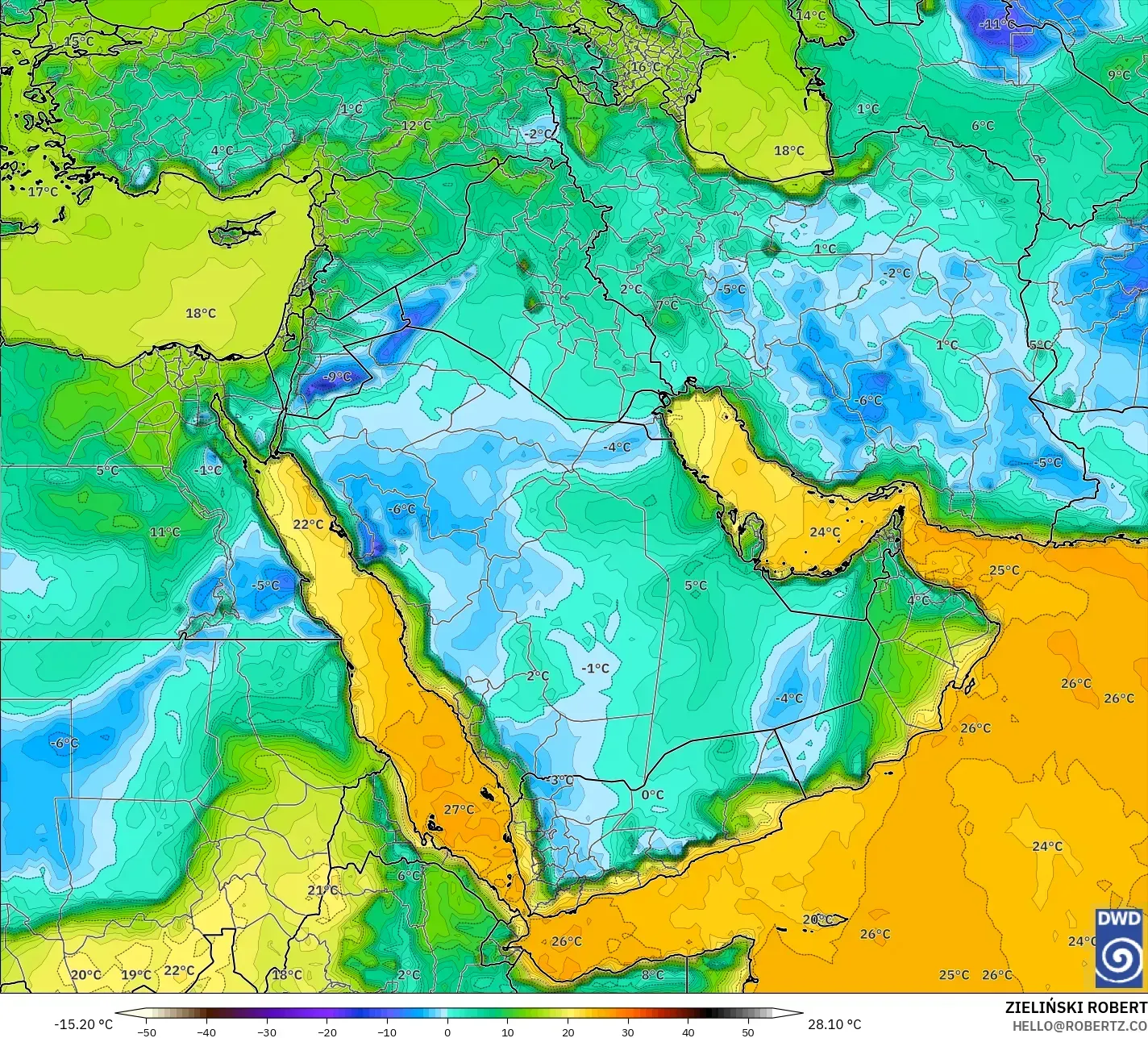 ICON model - Middle East, Dewpoint at 2m