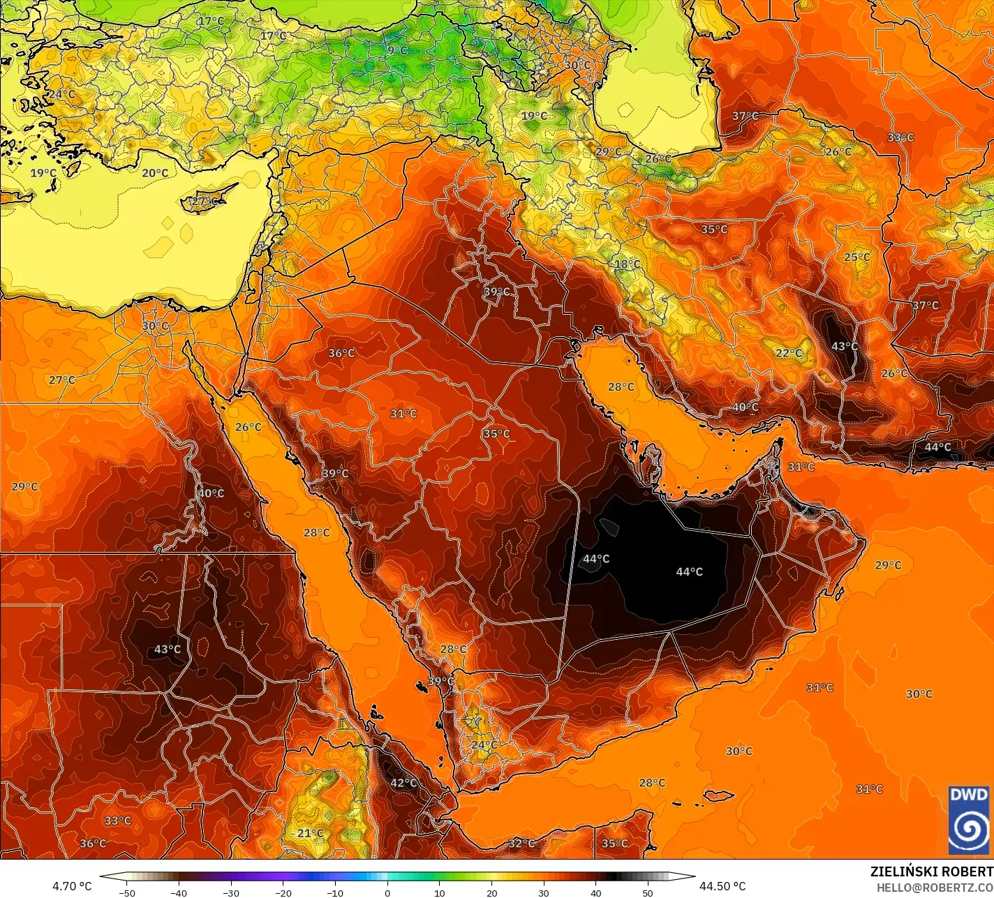 ICON model - Middle East, Temperature at 2m