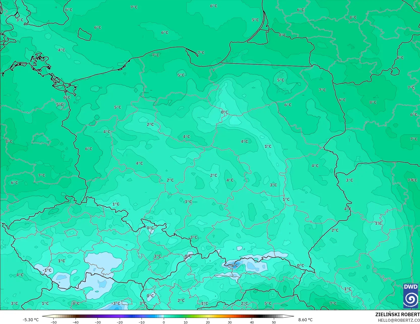 ICON model - Poland, Dewpoint at 2m
