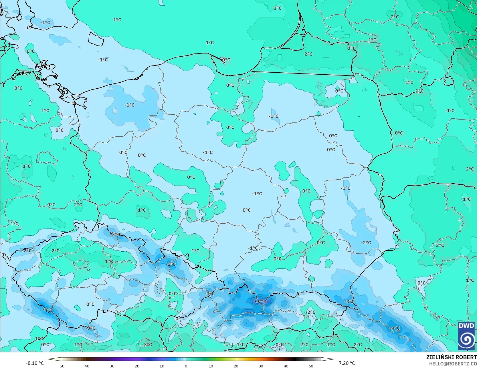 ICON model - Poland, Temperature at 850hPa