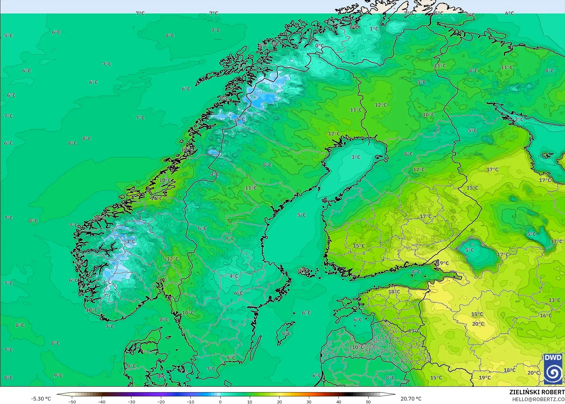 ICON model - Scandinavia, Temperature at 2m