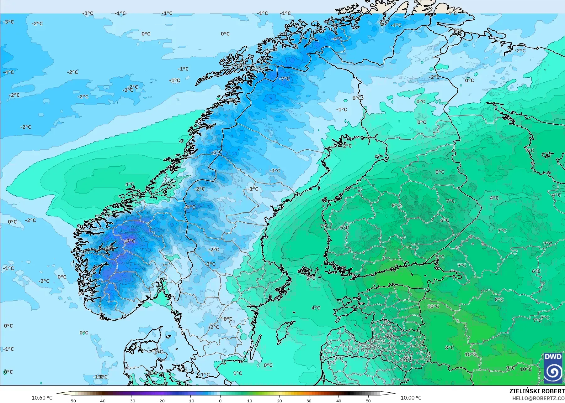 ICON model - Scandinavia, Temperature at 850hPa