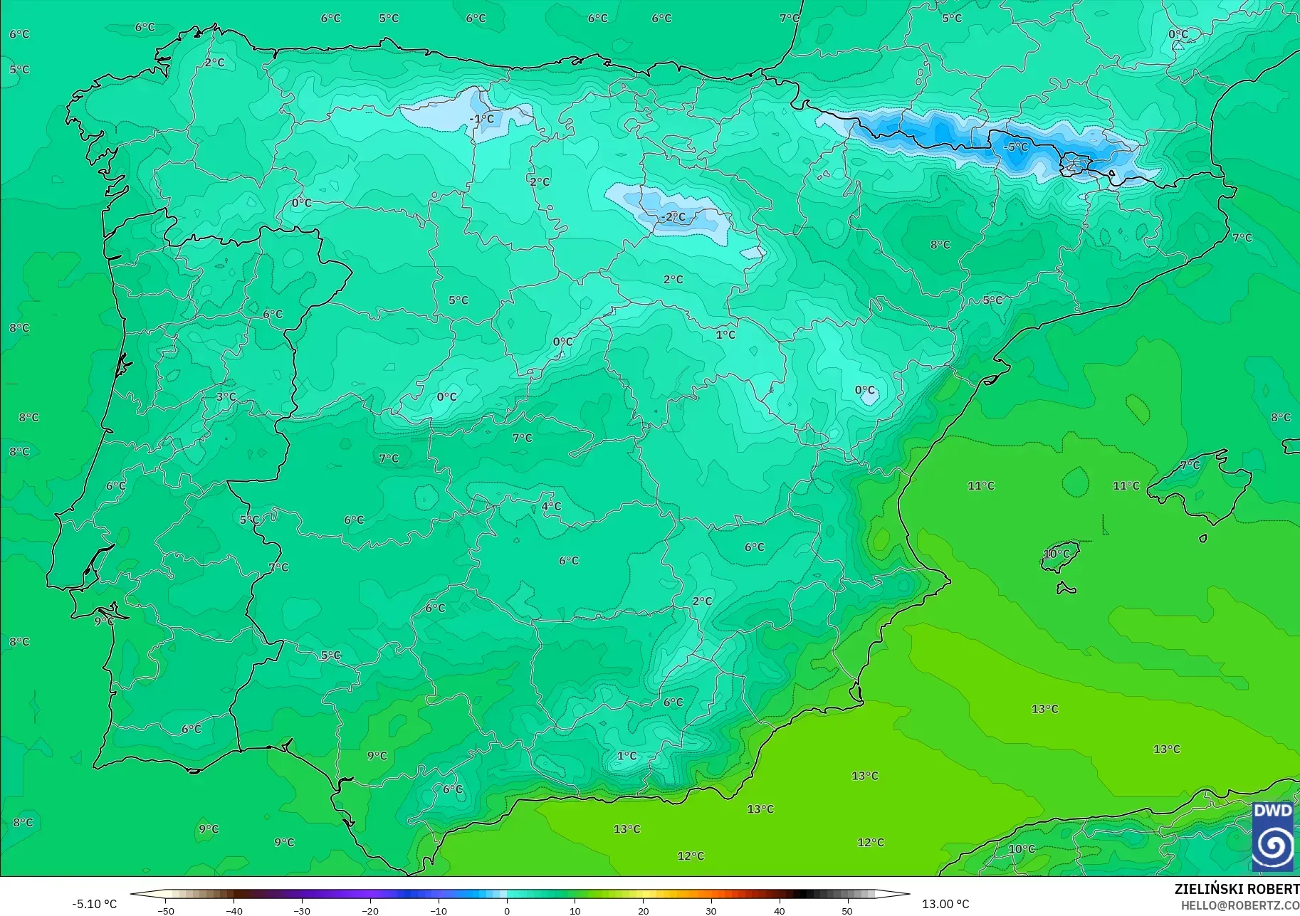 ICON model - Spain, Temperature at 850hPa