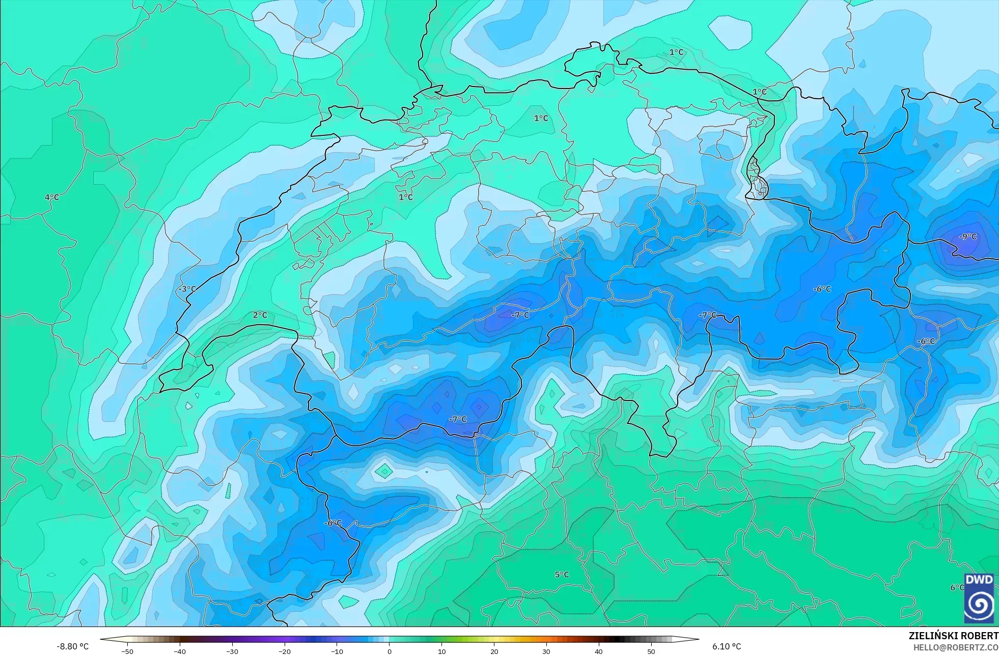 ICON model - Switzerland, Temperature at 850hPa