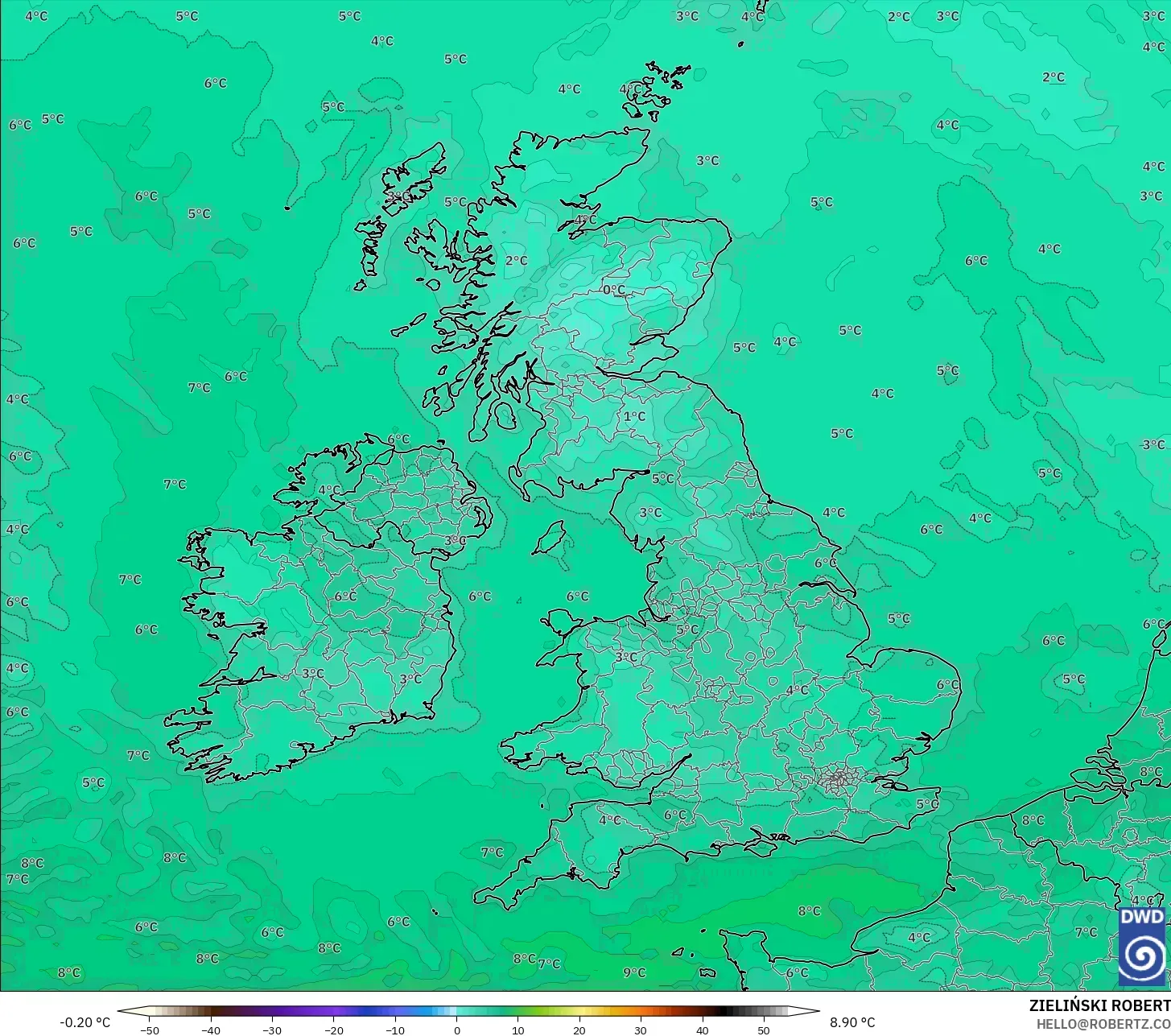 ICON model - United Kingdom, Dewpoint at 2m