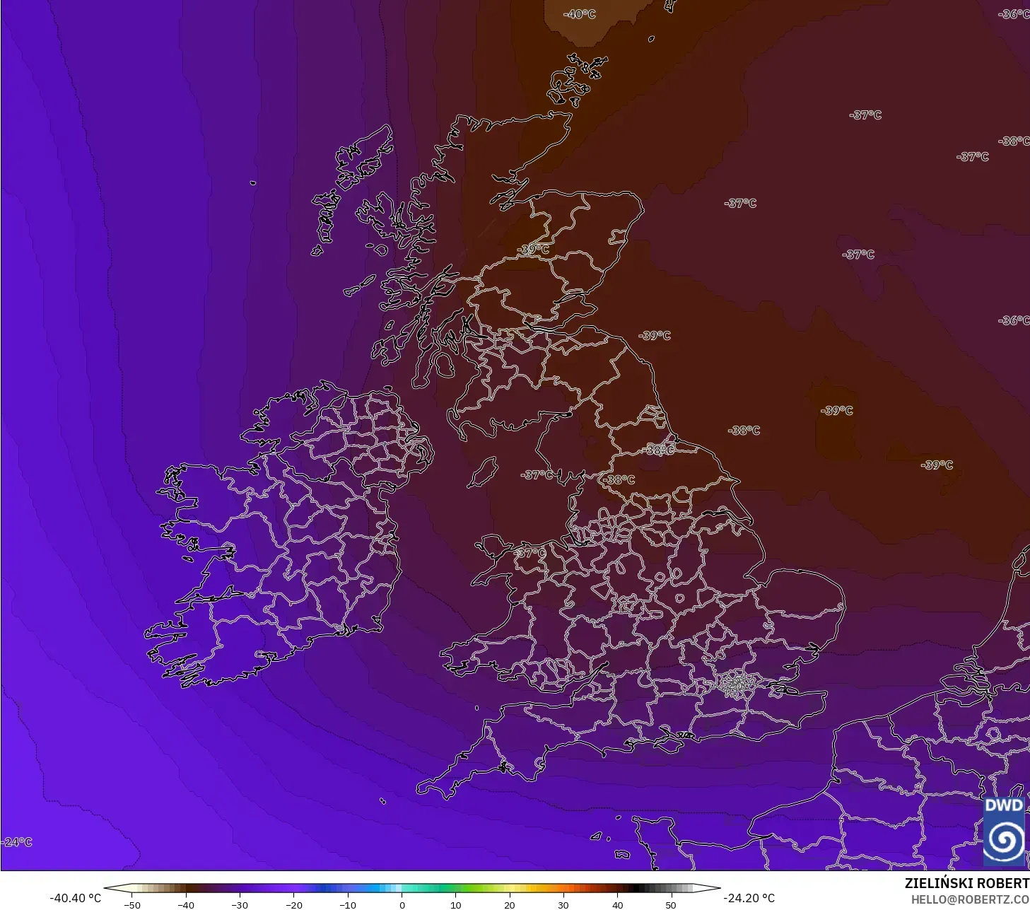 ICON model - United Kingdom, Temperature at 500hPa