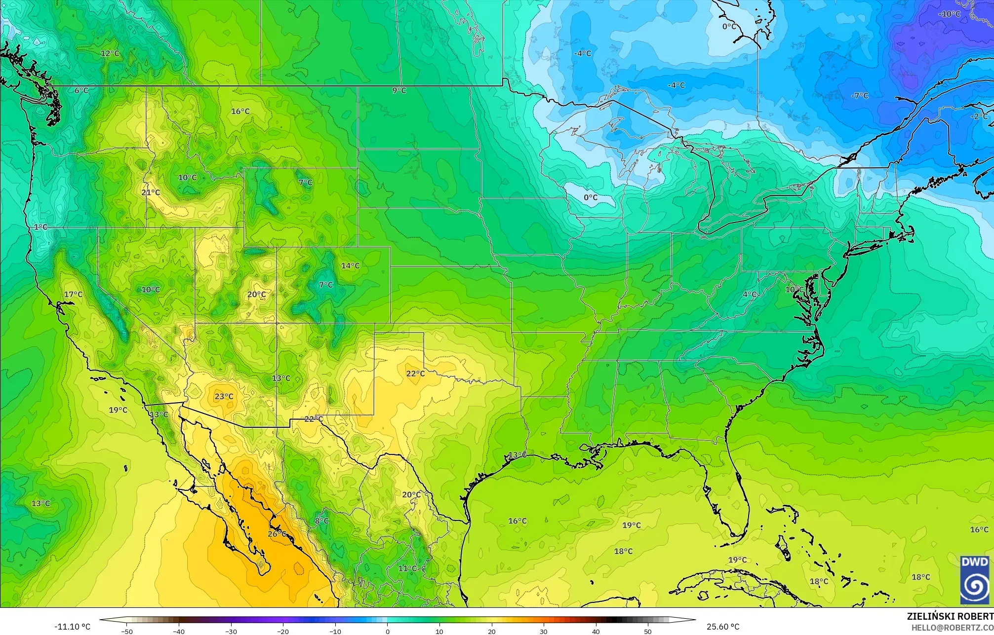 ICON model - United States, Temperature at 850hPa