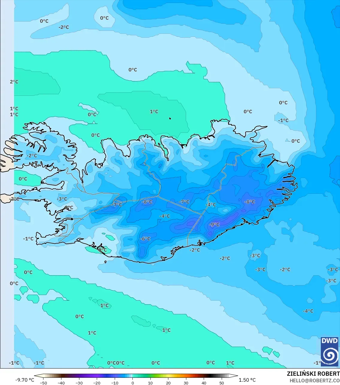 ICON model - Iceland, Temperature at 850hPa