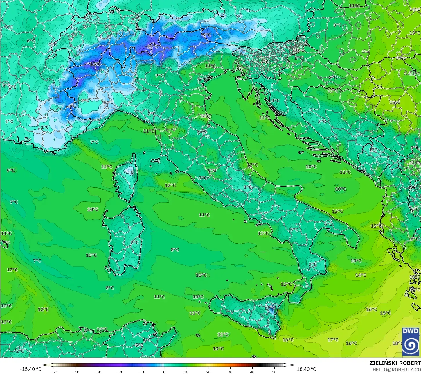 ICON model - Italy, Dewpoint at 2m