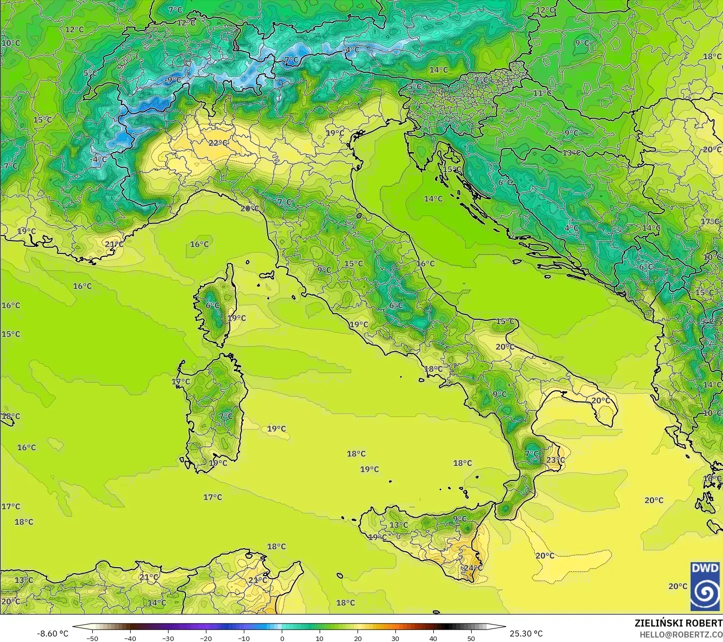 ICON model - Italy, Temperature at 2m