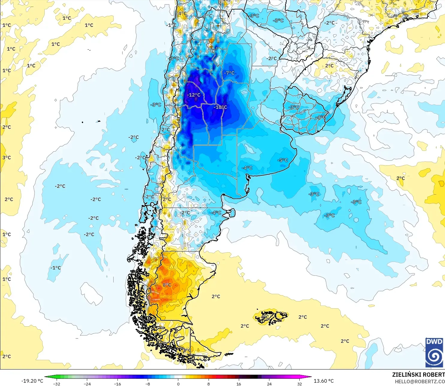 ICON model - Argentina, Temperature at 2m Anomaly
