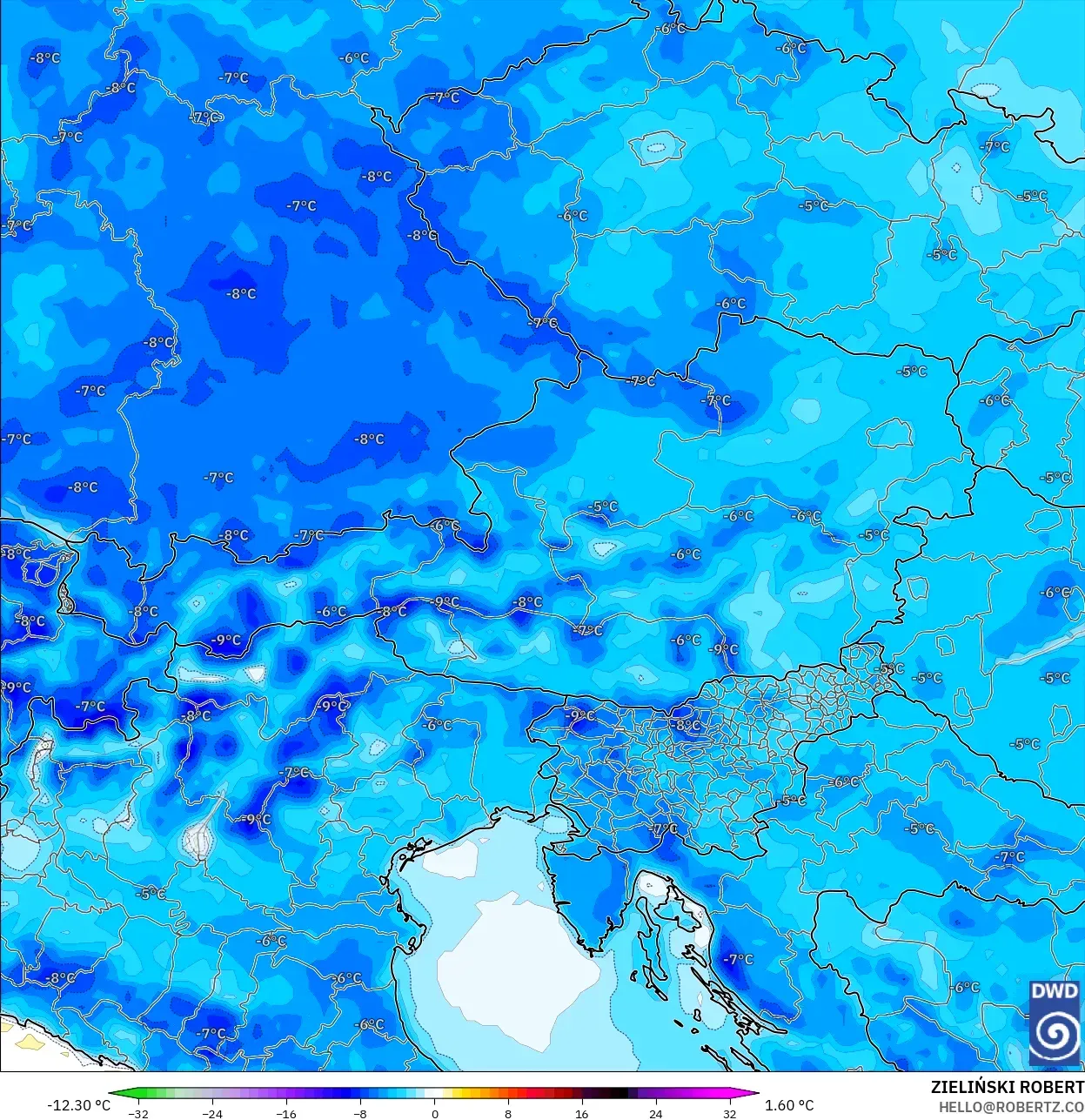 ICON model - Austria, Temperature at 2m Anomaly