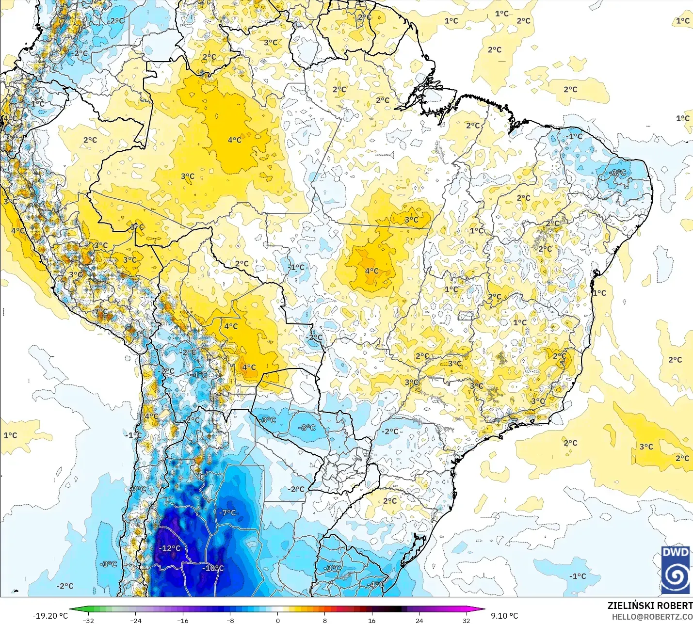 ICON model - Brazil, Temperature at 2m Anomaly