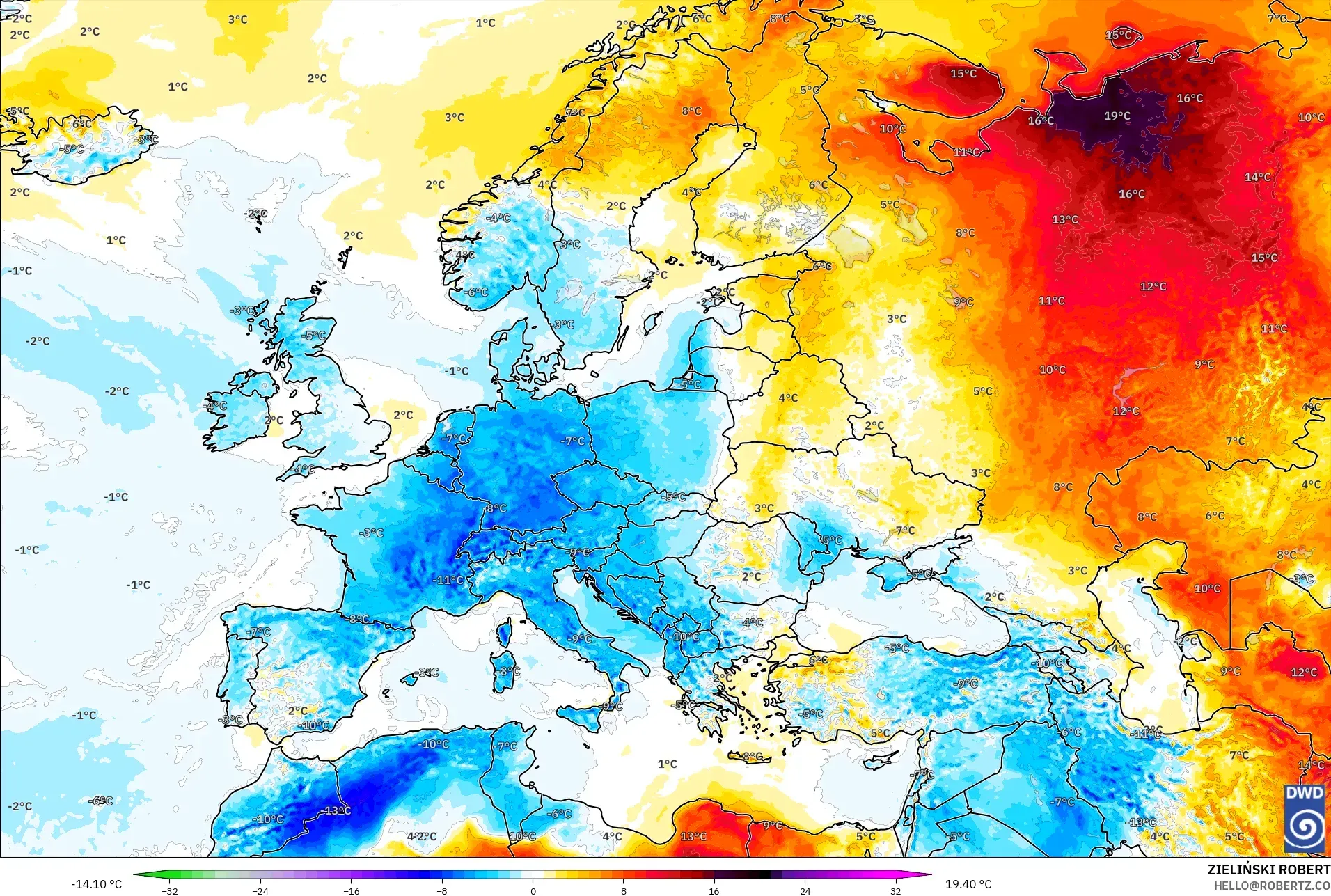 ICON model - Europe, Temperature at 2m Anomaly