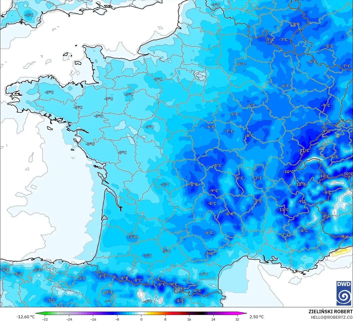 ICON model - France, Temperature at 2m Anomaly