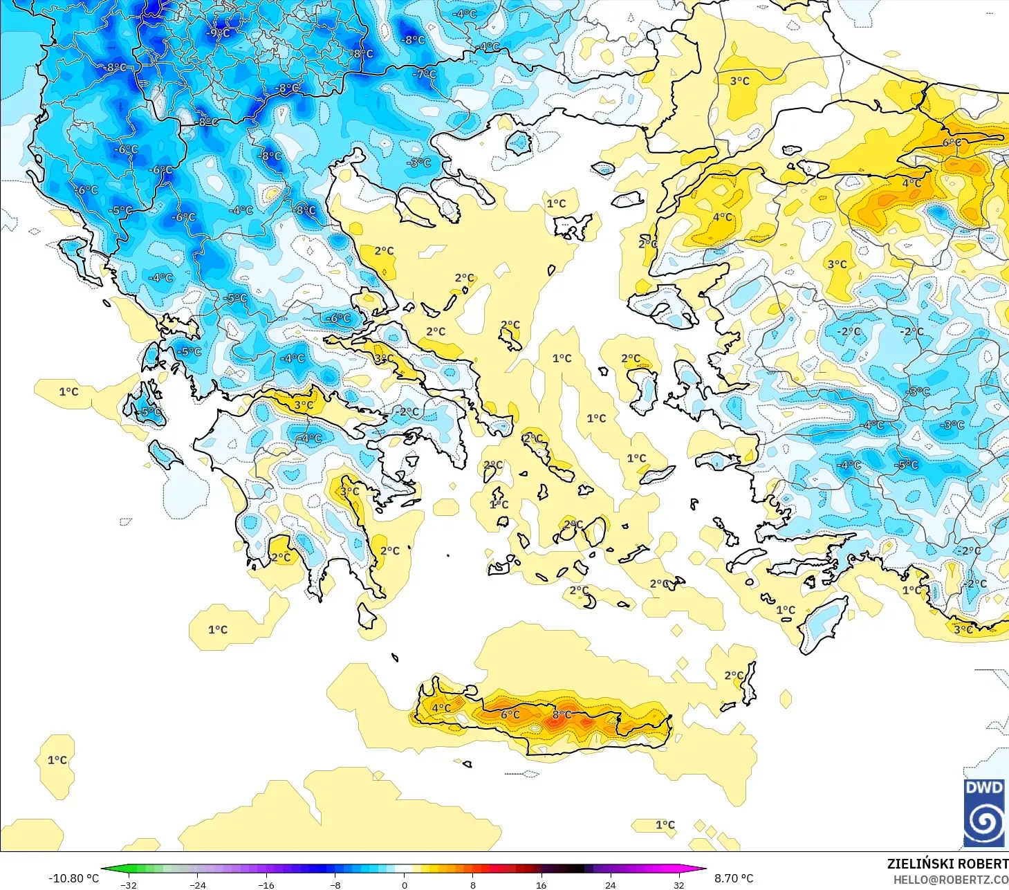 ICON model - Greece, Temperature at 2m Anomaly