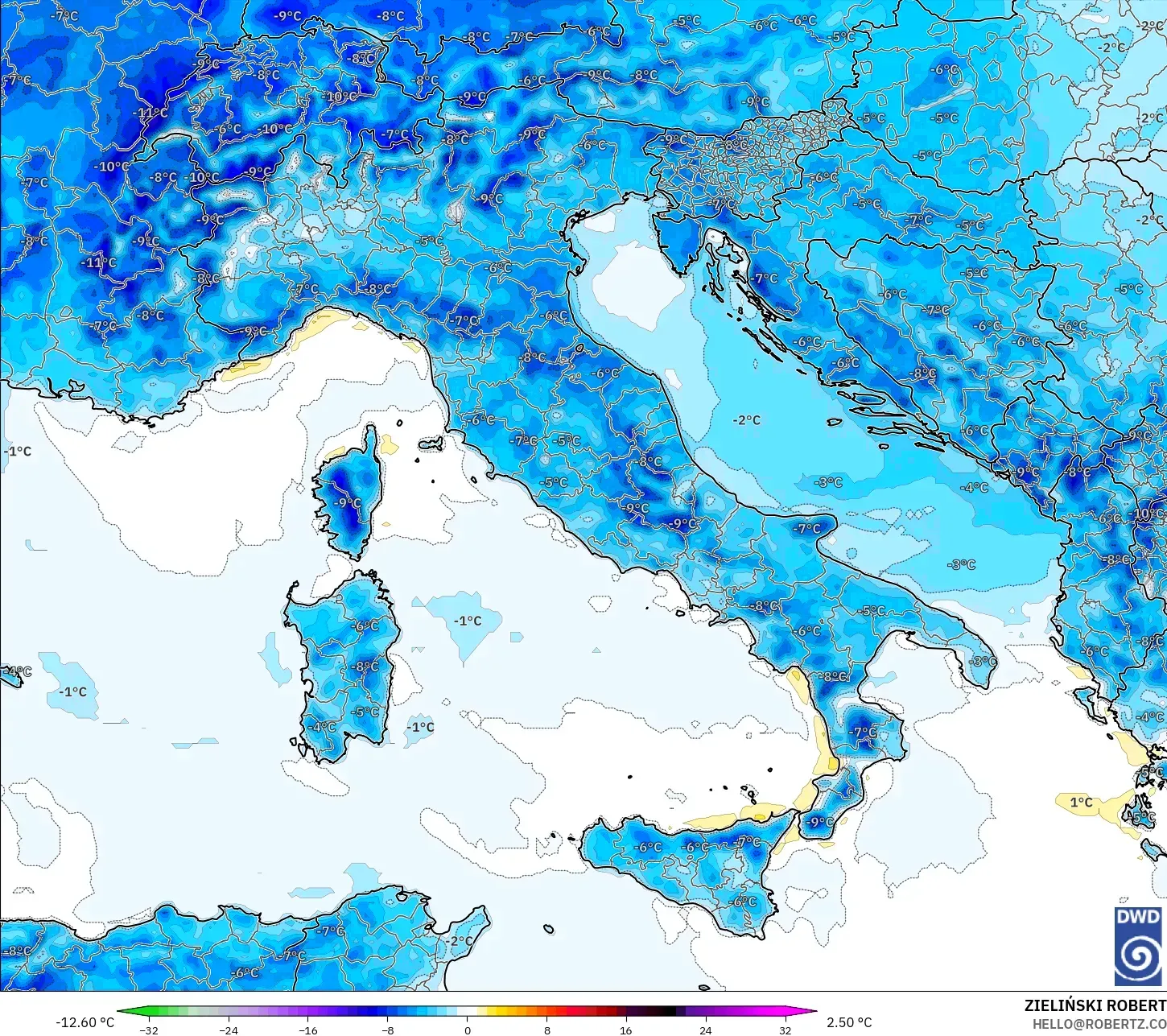 ICON model - Italy, Temperature at 2m Anomaly