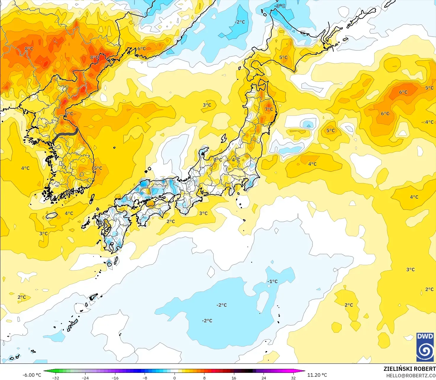 ICON model - Japan, Temperature at 2m Anomaly