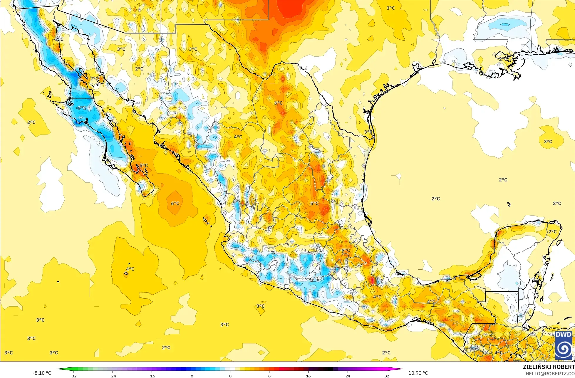 ICON model - Mexico, Temperature at 2m Anomaly