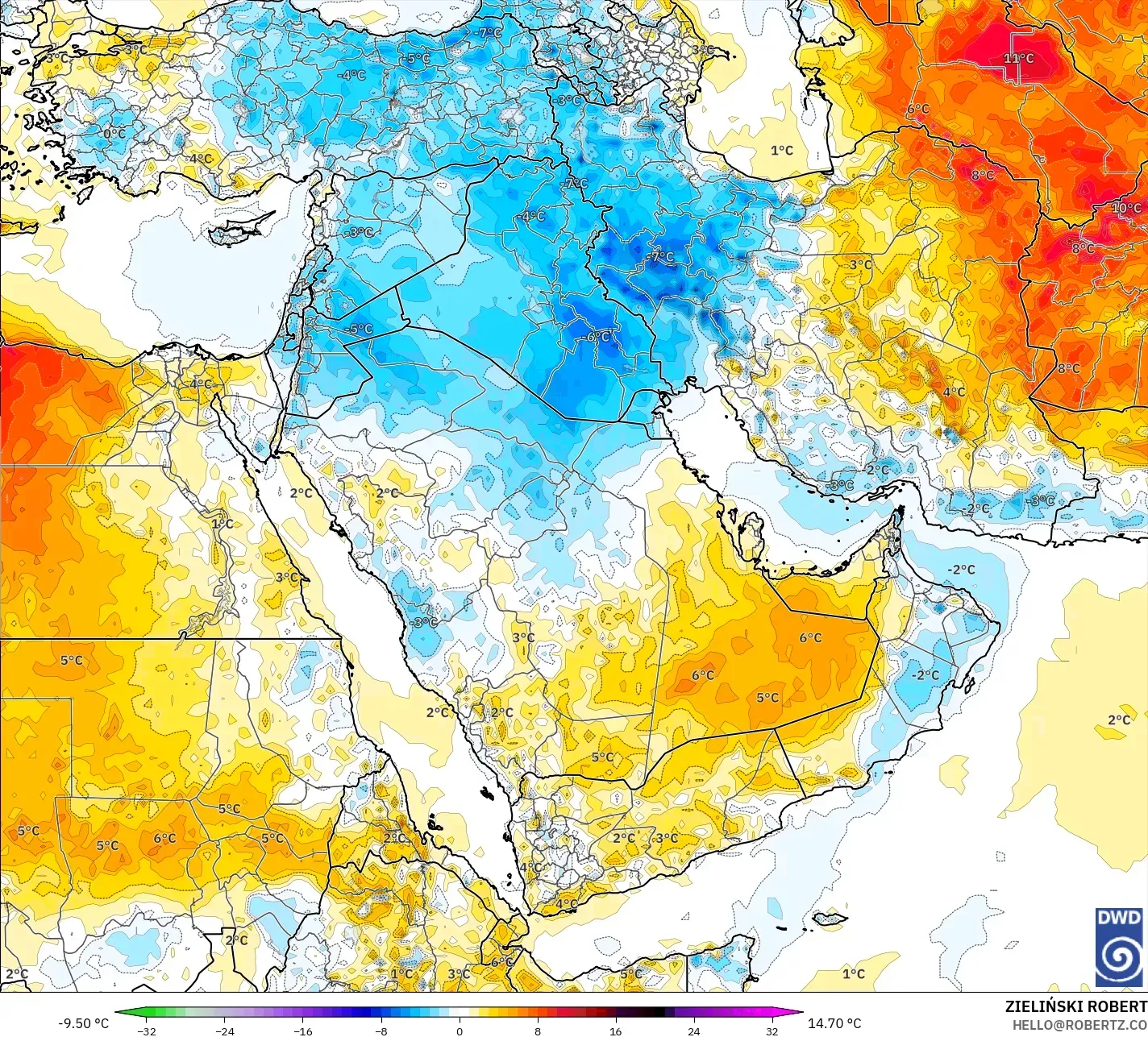 ICON model - Middle East, Temperature at 2m Anomaly