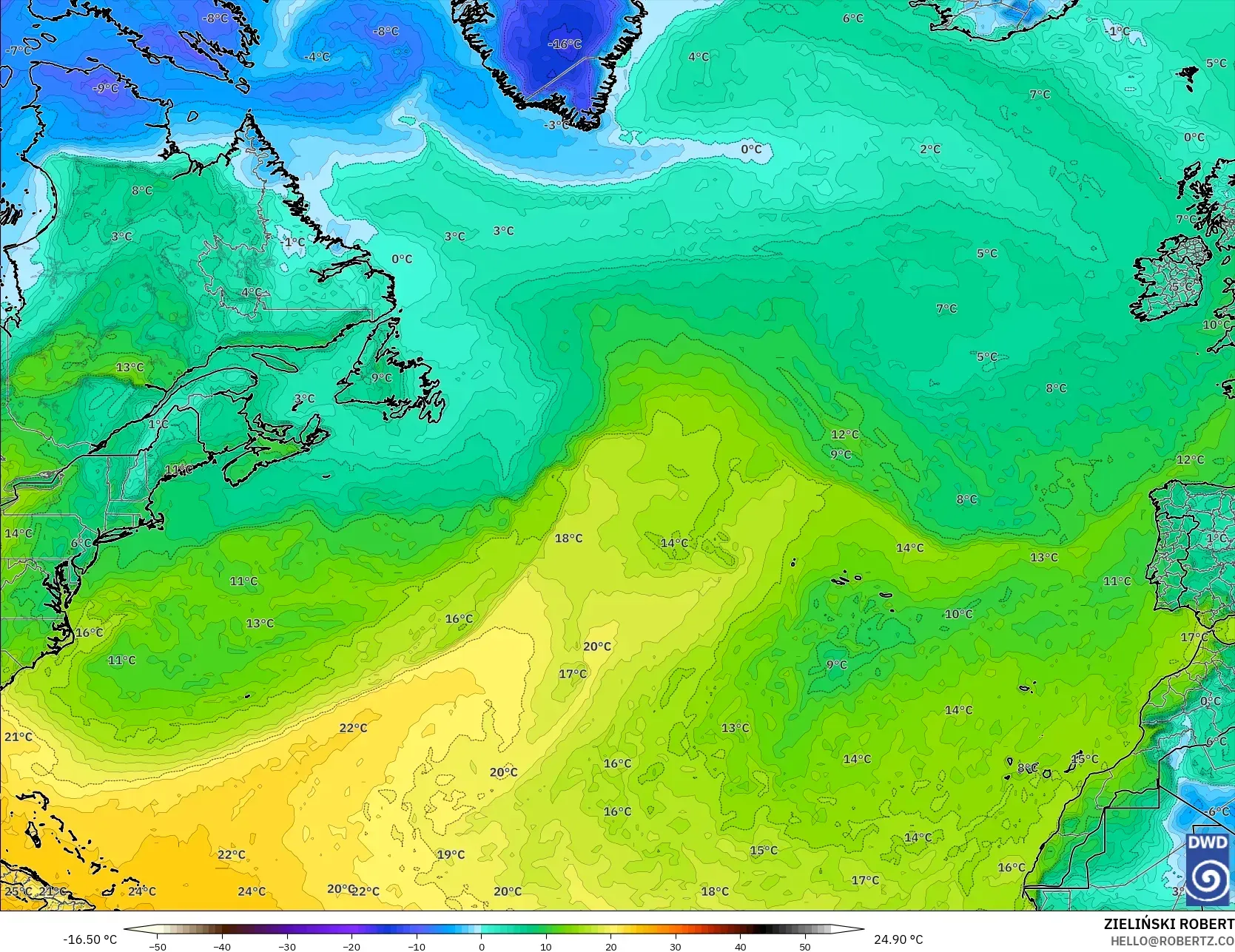 ICON model - North Atlantic, Dewpoint at 2m