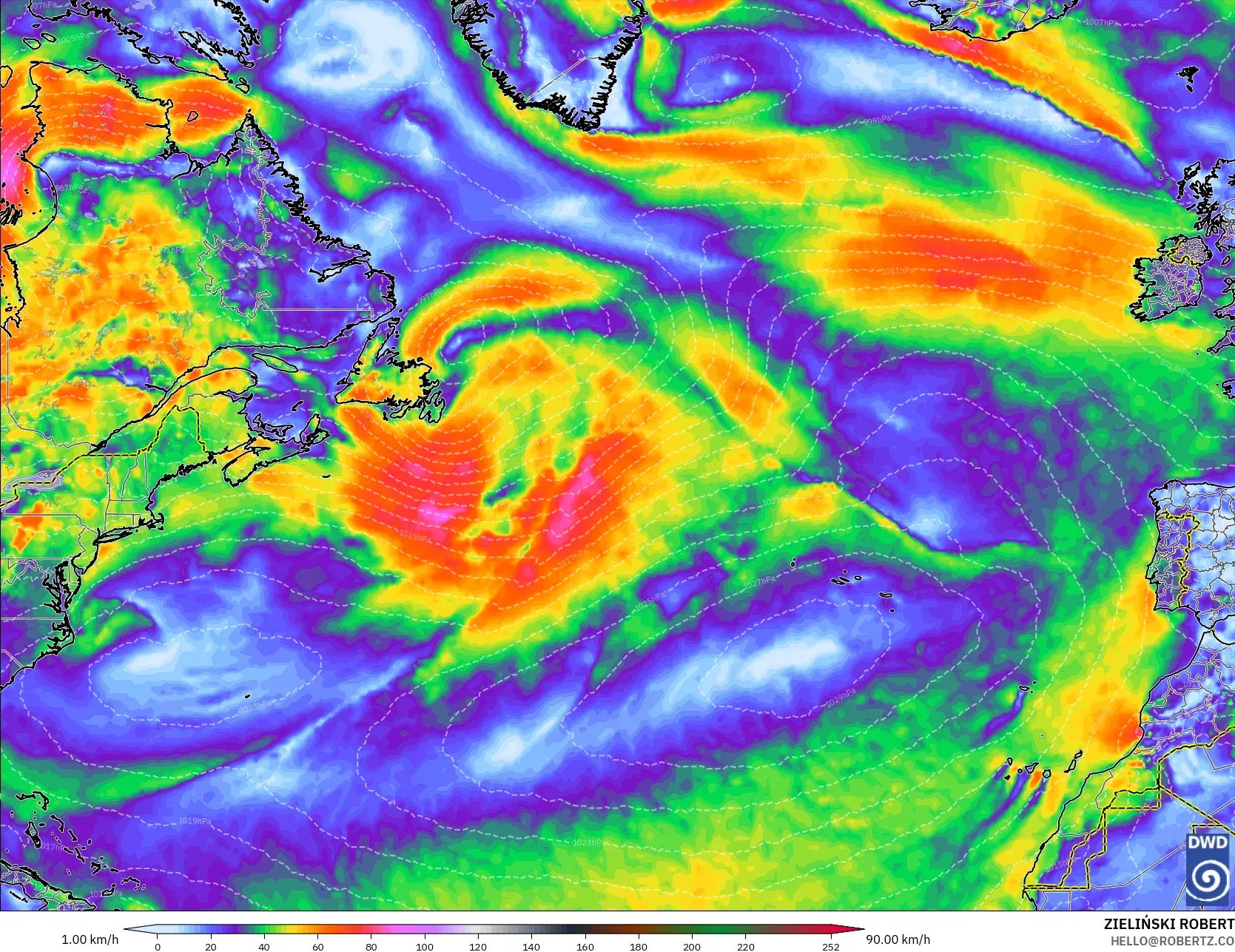 ICON model - North Atlantic, Wind Gusts Peak