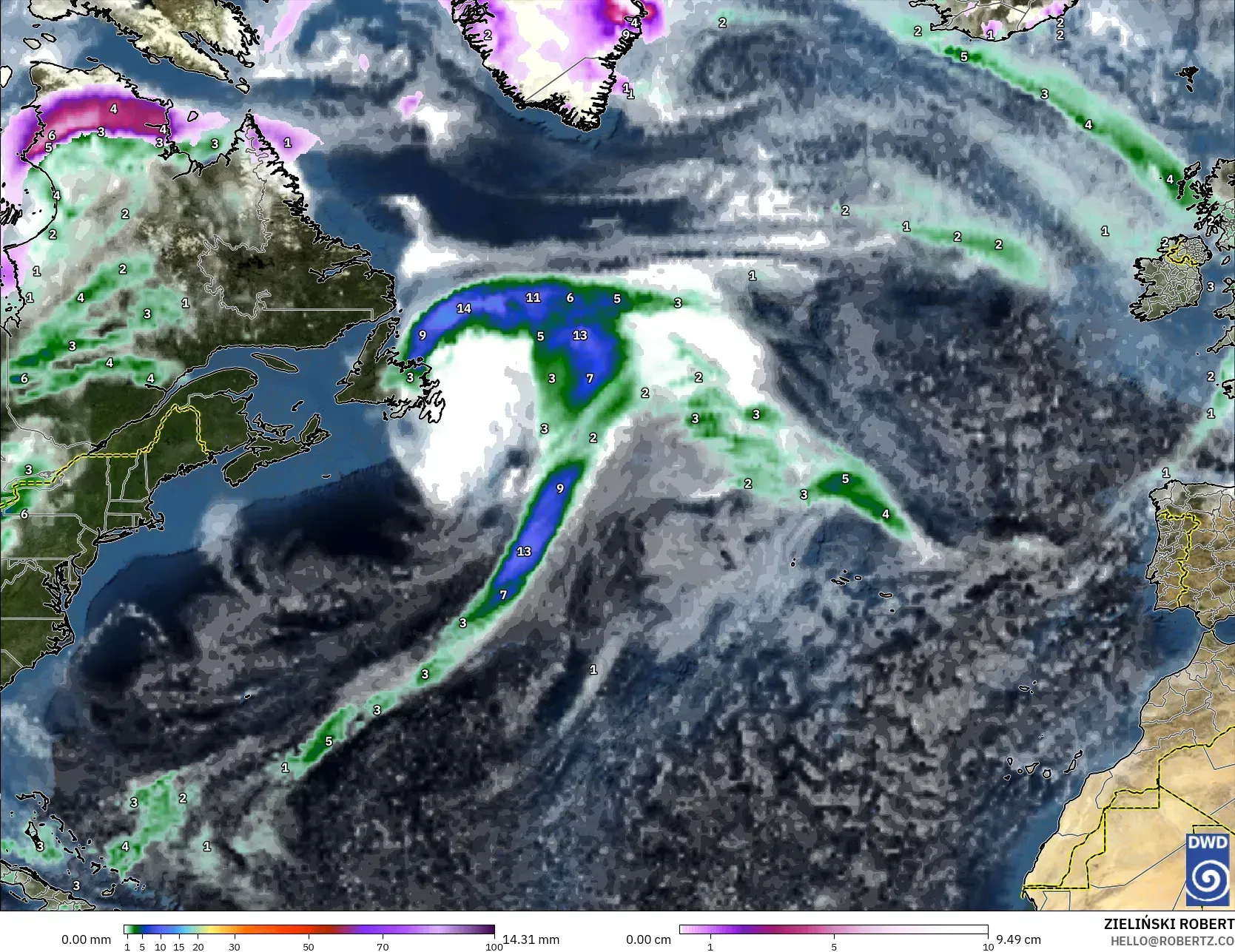 ICON model - North Atlantic, Precipitation, Clouds, and Pressure