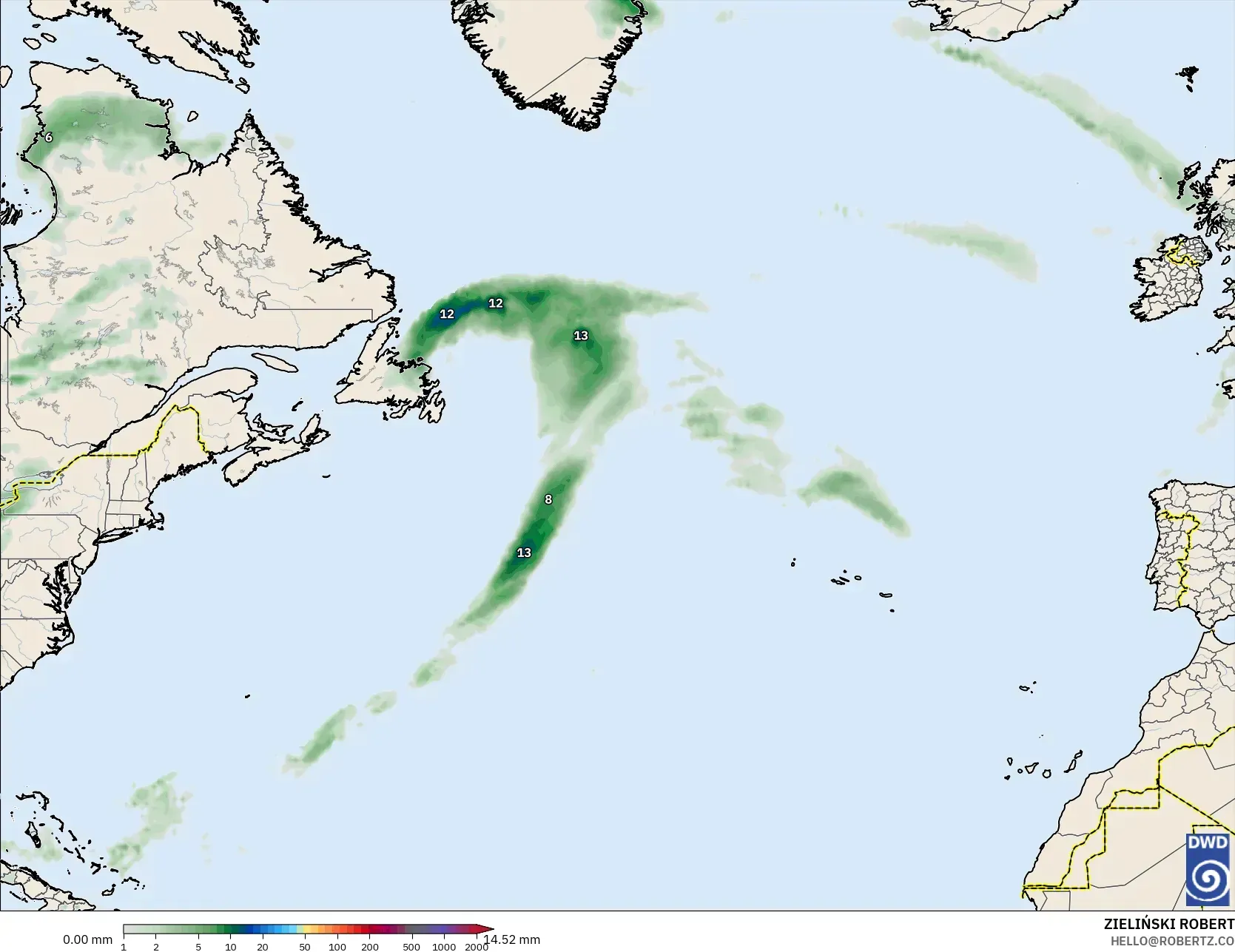 ICON model - North Atlantic, Precipitation Accumulation