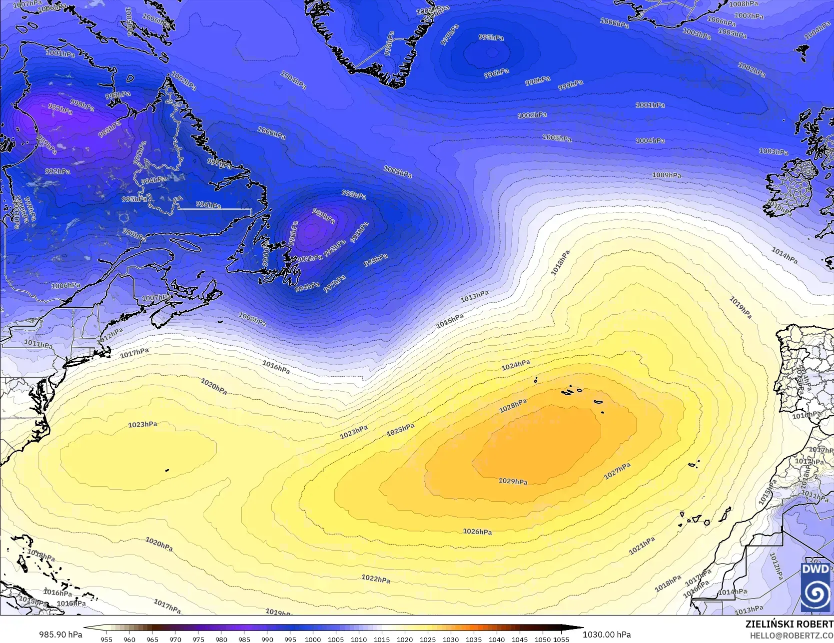 ICON model - North Atlantic, Pressure